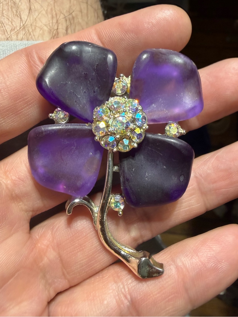 Vintage Silver Tone Purple Flower Crystal Brooch